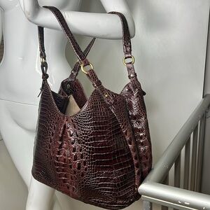 Brahmin Anne Melbourne Chocolate Brown Croc Embossed Hobo Tote Shoulder Bag